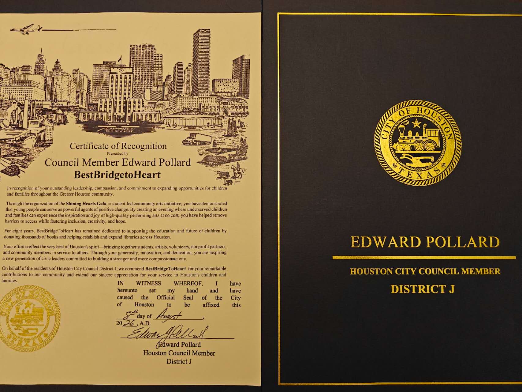 City of Houston Certificate of Recognition presented to BestBridgeToHeart